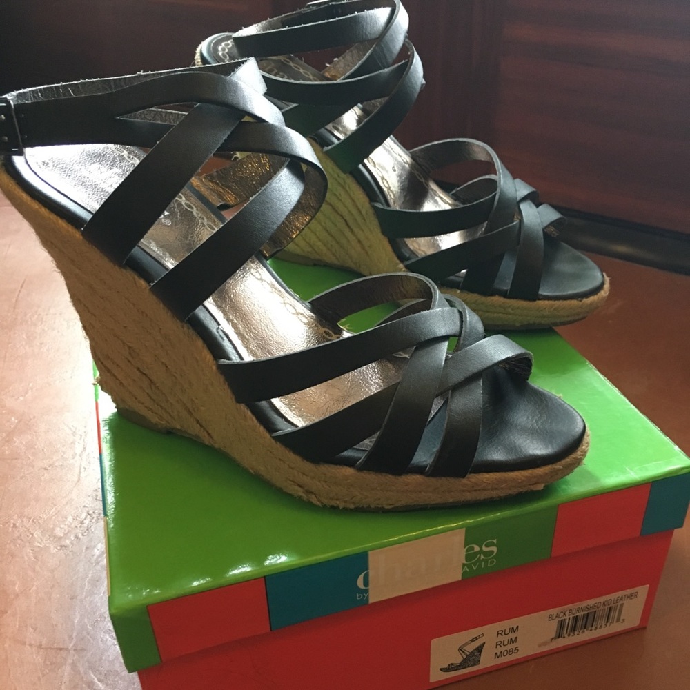 Charles David RUM Leather Espadrille Wedge Heels
